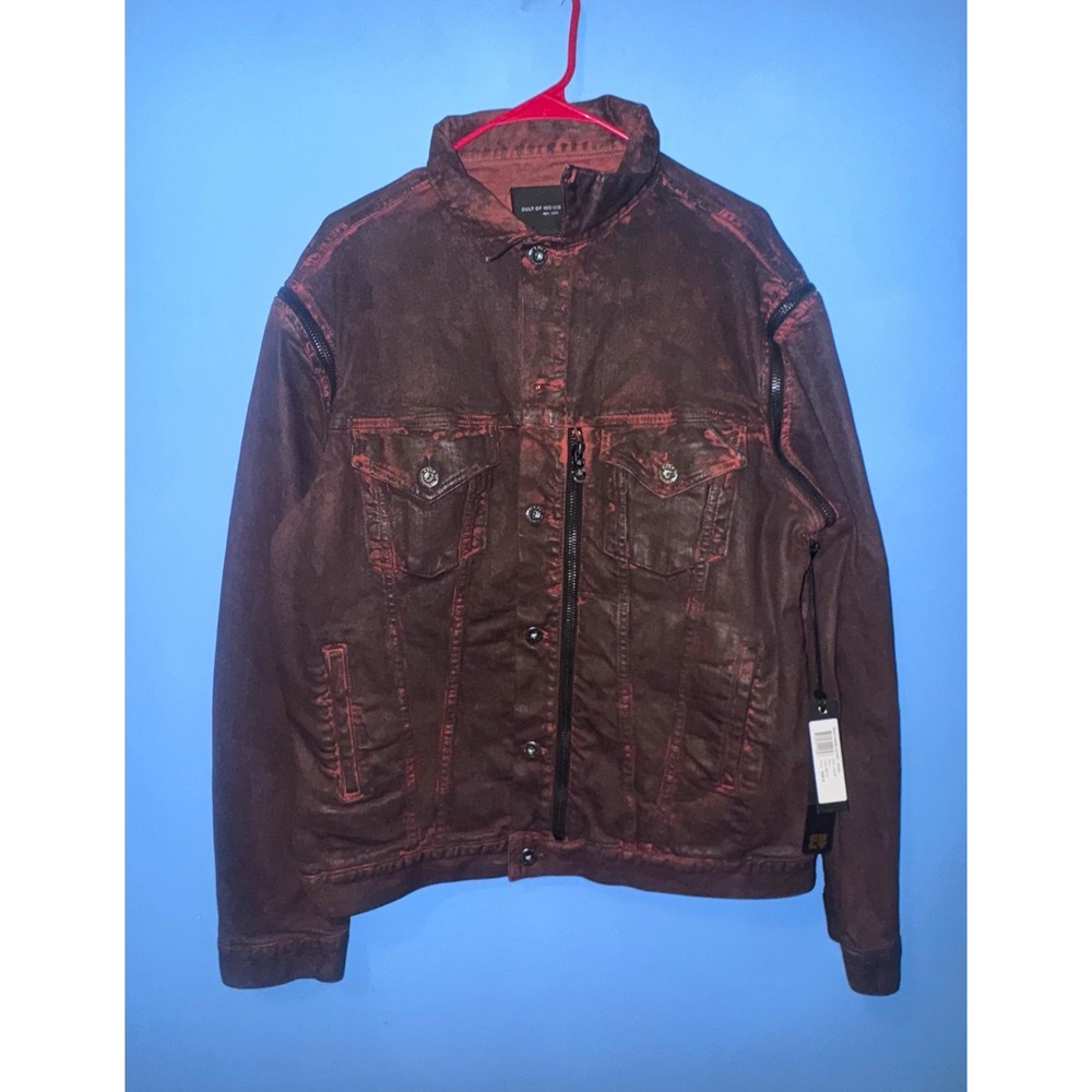 Cult of Individuality Mens Ziggy Denim Jacket Red Brown Zip Pockets L NWT